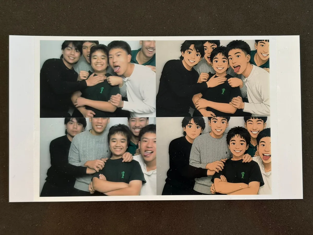 Real AI photo booth print from a Sydney event pairing a group photo with its anime AI style
