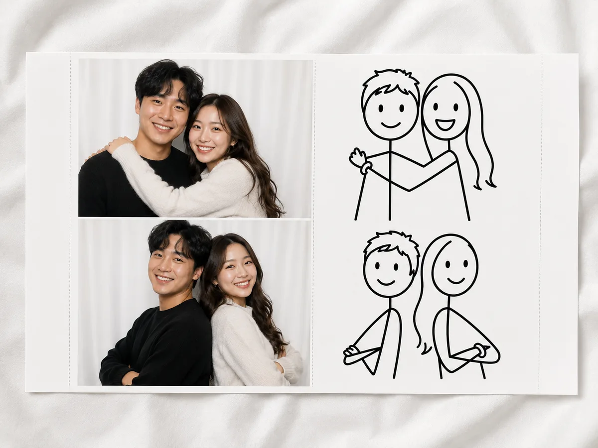 Real AI photo booth print from a Sydney event pairing a couple's photo with its AI hand-drawn sketch style