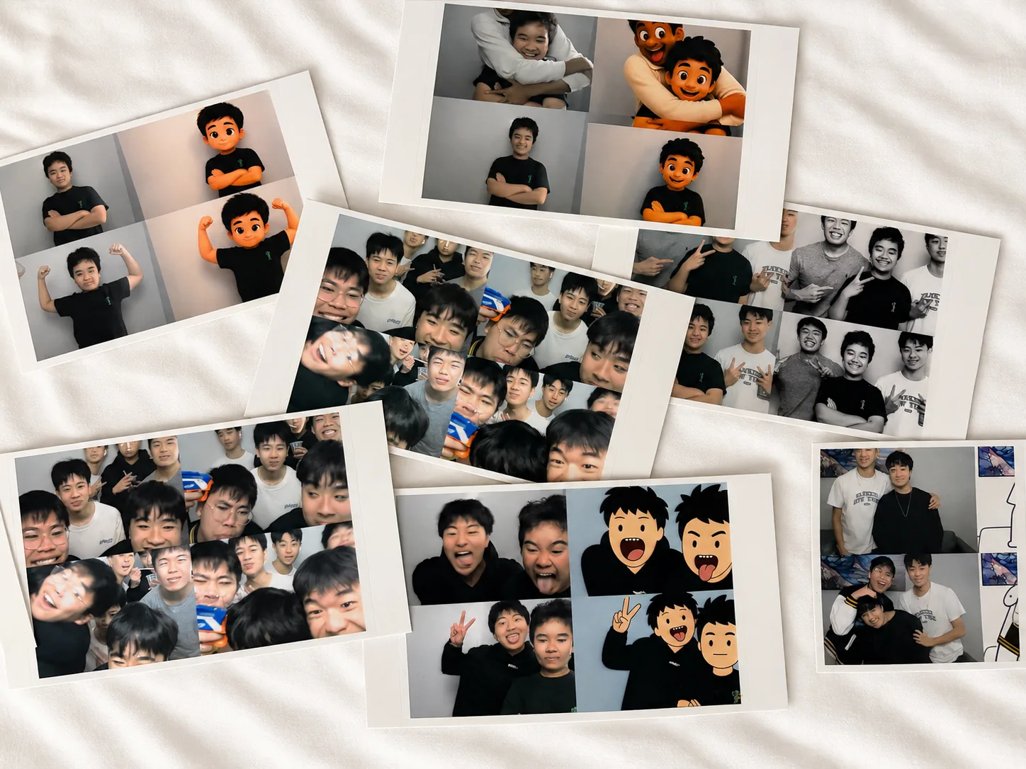 Real AI photo booth prints from a Sydney event, each pairing the original photo with its AI-styled version